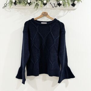 Derhy Navy Cable Knit Bell Sleeve Sweater Wool Blend Small ZIzI